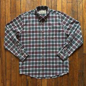 Barbour Dalby Plaid Flannel Button Down Shirt Men Medium Burgundy‎ Green White